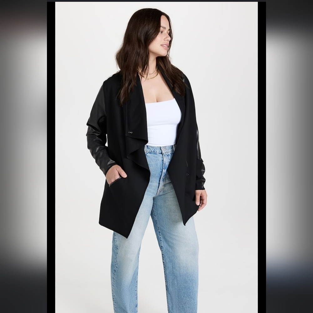 New SPANX Drape Front Jacket Ponte Faux Leather Wrap Cardigan Waterfall Black 3X